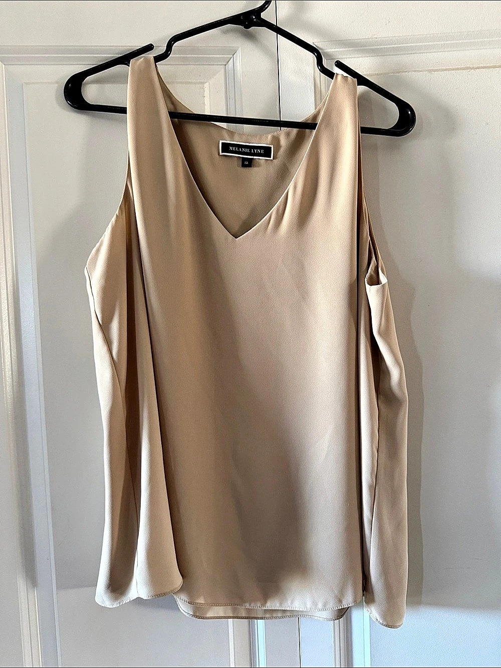 Melanie Lyne V-Neck Sleeveless Blouse in Beige